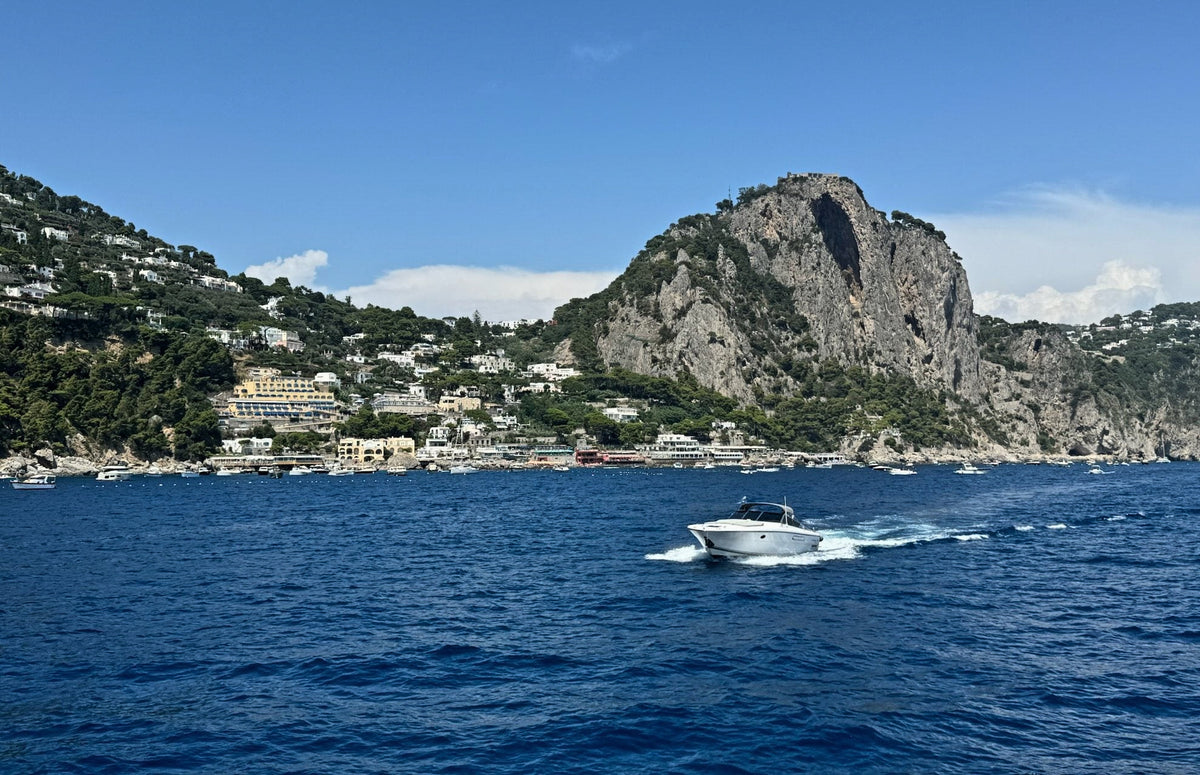 A speedboat crossing deep blue water below a rocky headland and a harbour village