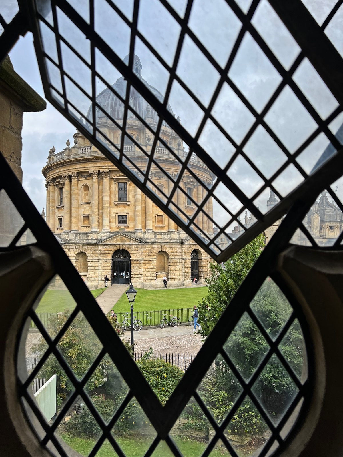 The Radcliffe Camera in Oxford seen through a leaded window
