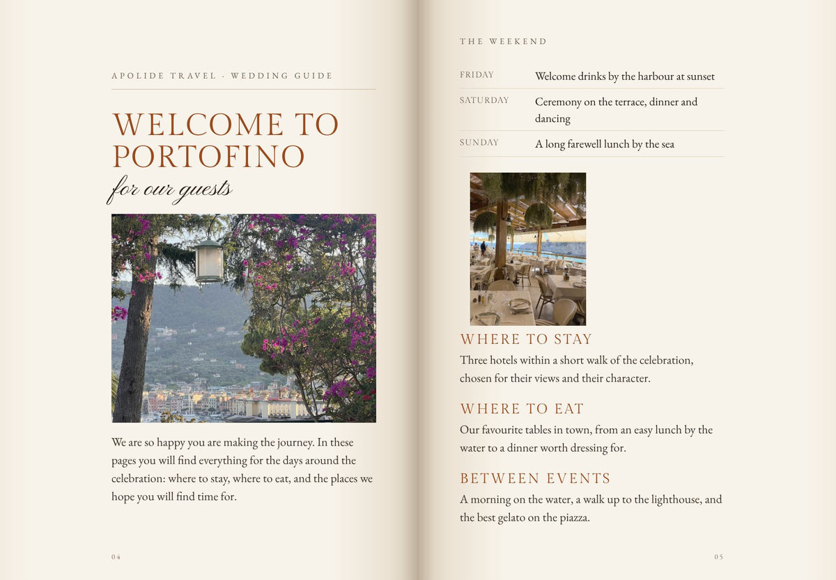An open Apolide wedding guide showing a welcome page and the weekend schedule